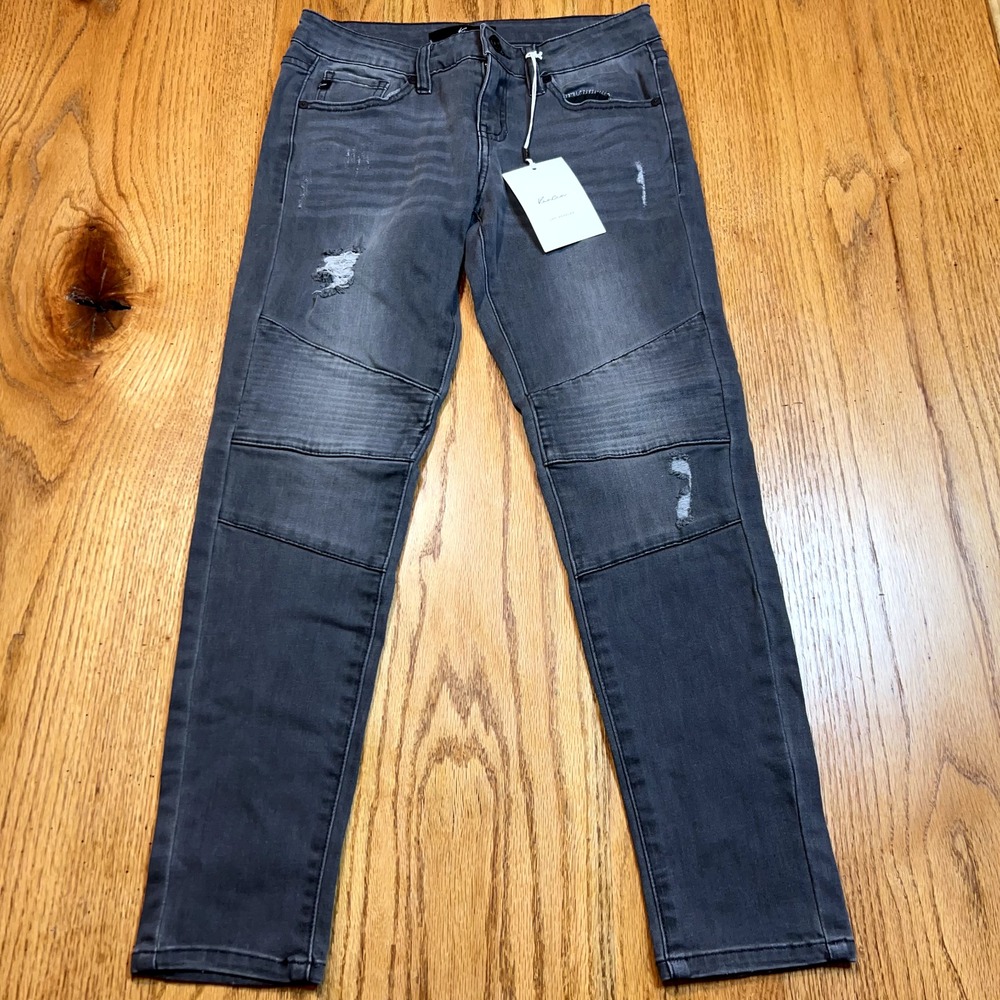 Kancan Low Rise Moto Skinny Jeans Womens Sz 5/26 Distressed NWT Gray Denim